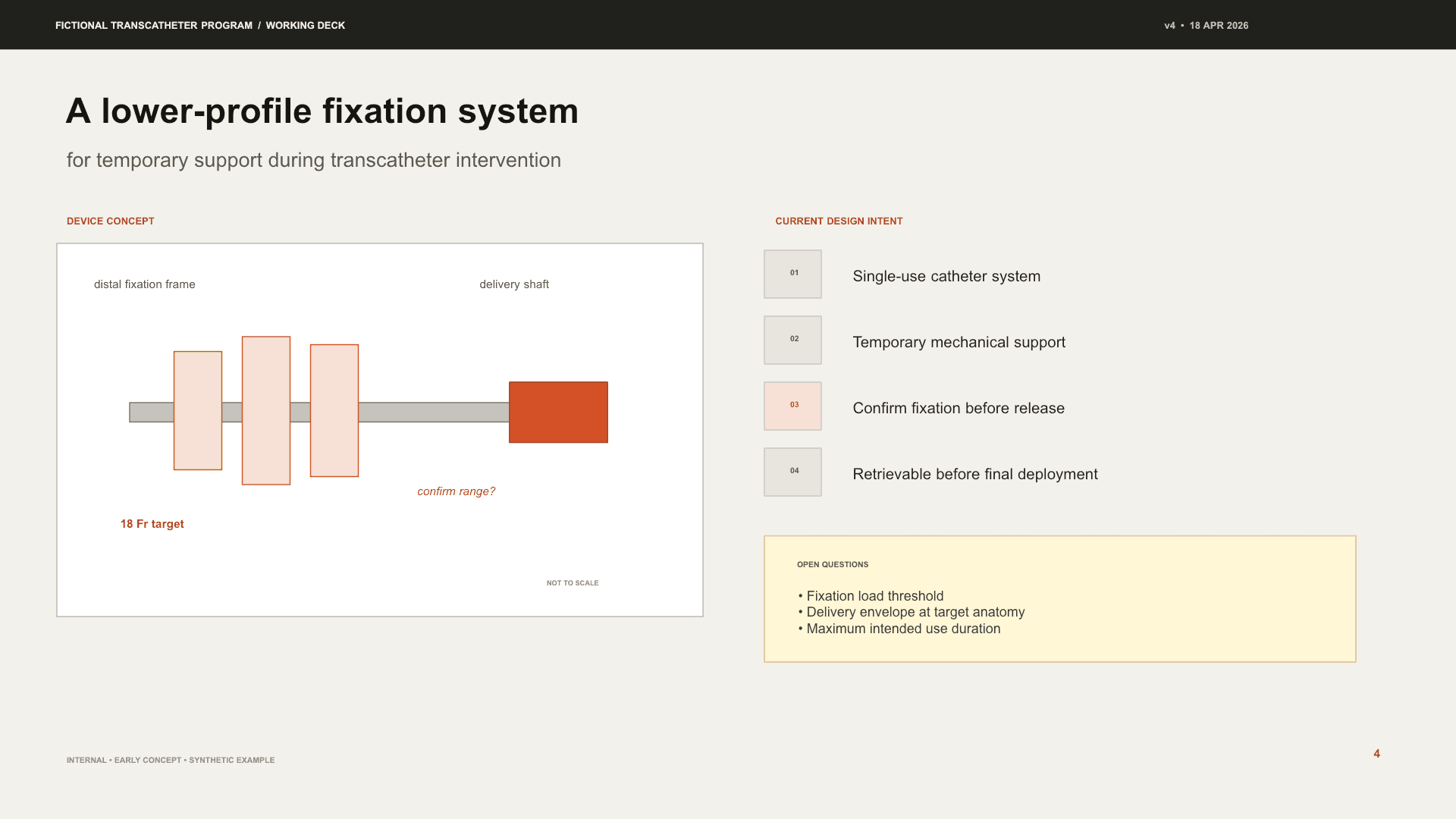 Fictional transcatheter PowerPoint slide describing a single-use catheter, temporary support, an 18 Fr target, and fixation confirmation before release